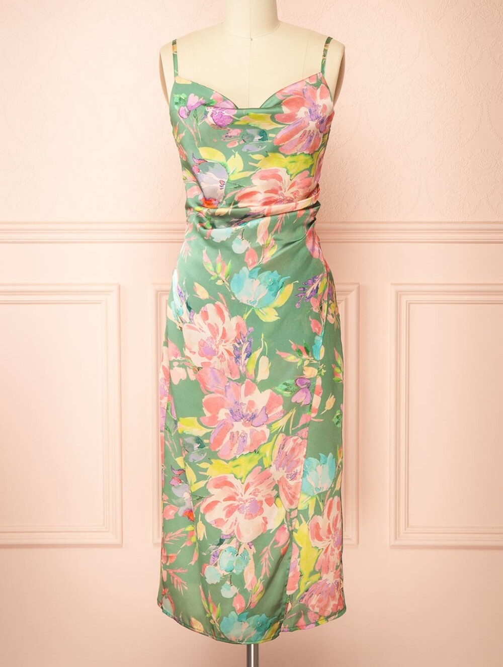 ELF Green Midi Slip Dress with Pink and Pastel Floral Print